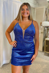 Sparkly Sheath Spaghetti Straps Royal Blue Short Homecoming Dress with Beading