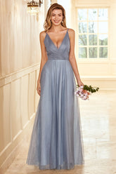 A Line Spaghetti Straps Grey Blue Long Bridesmaid Dress