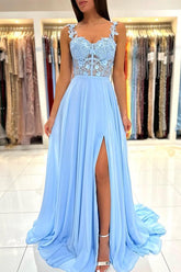 Bmbridal Sky Blue Sleeveless Long Prom Dress Slit Sleeveless With Appliques