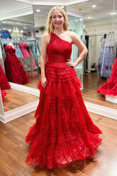 One Shoulde Ruffle Tulle A-Line Long Prom Dresses