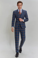 Grey Blue Men's 3 Piece Plaid Notched Lapel Prom Suits