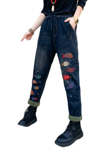 Boho Blue Embroideried elastic waist denim Pants Winter Boho Blue Embroideried elastic waist denim Pants Winter