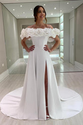 Gorgeous A-Line Chapel Train Off-The-Shoulder Satin Wedding Dresses with Slit