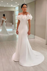 Glamorous Mermaid Off-The-Shoulder Satin Prom Dresses with Flowers