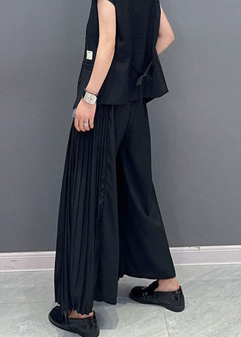 Black Pockets Patchwork Cotton Pants Skirt Wrinkled Summer Black Pockets Patchwork Cotton Pants Skirt Wrinkled Summer
