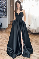 A Line Spaghetti Straps Black Long Prom Dress with Silt