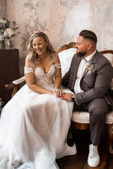 Bmbridal Off-the-Shoulder Wedding Dress Tulle Lace Long