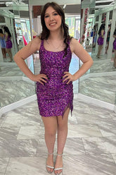 Glitter Sheath Square Neck Purple Sequins Short Homecoming Dress with Tassel