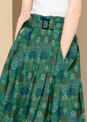 Bohemian Green Wrinkled Pockets Print Patchwork Silk Skirts Summer Bohemian Green Wrinkled Pockets Print Patchwork Silk Skirts Summer