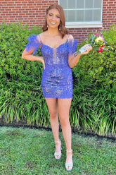 Sheath Off the Shoulder Galaxy Blue Sequins Short Homecoming Dress with Feather