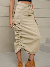 Khaki Buttoned Drawstring Pockets Solid Color Split-Side A-Line Skirts Bottoms