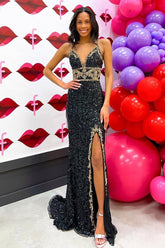 Mermaid Spaghetti Straps Black Sequins Long Prom Dress with Split Front