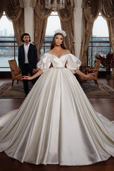 Bmbridal Ruffle Sleeves Ball Gown Wedding Dress Satin Elegant