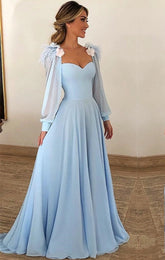 Bmbridal Sky Blue Long Sleeves Prom Dress Long Chiffon Sweetheart