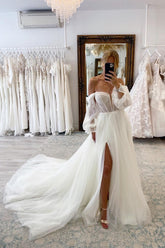 Bmbridal Long Sleeves Tulle Wedding Dress Off-the-Shoulder With Lace