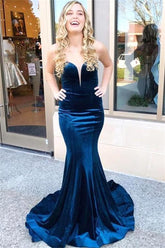 Fomral Winter Ocean Blue Sleeveless Mermaid Velvet Formal Dresses