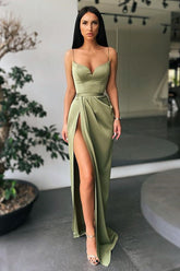 Forest green High-split Long Prom Dress Spaghetti-Straps