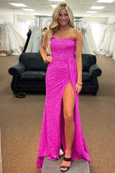 Mermaid Strapless Sequins Lace-Up Long Prom Dress with Slit