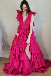 Plunging V-Neck Fuchsia Bow Straps Ruffle Ball Gown