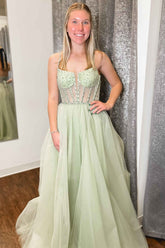 Straps Sequin Beaded A-Line Tulle Prom Dress