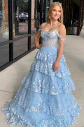 Tulle Sequin Cold-Shoulder Ruffle Tiered Long Prom Dress