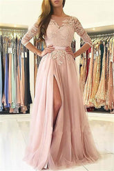 Glamorous Applique Long Sleeves Prom Dresses Open Back Jewel Split Evening Dresses with Belt