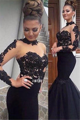 Glamorous Black Lace Formal DressesLong Sleevess Mermaid Long Party Dress