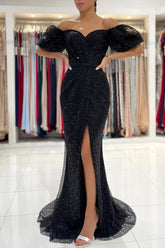 Glamorous Black Mermaid Sequins Prom Dress Long Split Off-the-Shoulder