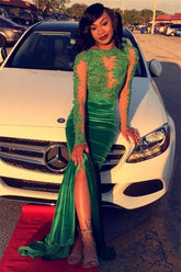 Glamorous Green Long-Sleeve Lace Appliques Split Mermaid Formal Dresses