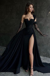 Glamorous Long Black One Shoulder Sleeveless Lace Evening Party Gowns With Sit