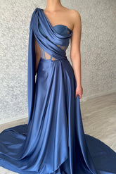 Glamorous Long Blue One Shoulder Sleeveless Evening Party Gowns