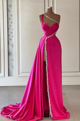 Glamorous Long Fuchsia One Shoulder Jewels Sleeveless Evening Party Gowns Long Slit Online
