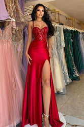 Glamorous Long Red Spaghetti Straps Sequins Lace Sleeveless Evening Party Gowns Long Slit Online