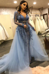 Glamorous Long Sleeves V-Neck Lace Beadings Mermaid Prom Dresses with Over Skirt