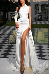 Glamorous Long White One Shoulder Sequins Evening Party Gowns Long Slit Online