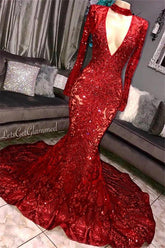 Glamorous Mermaid Long Sleeves Sexy Deep V-Neck Lace Applique Prom Dresses