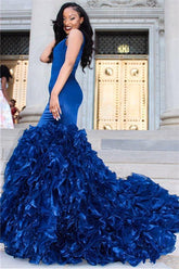 Glamorous Mermaid Ruffles Sleeveless Pink V-Neck Formal Dresses