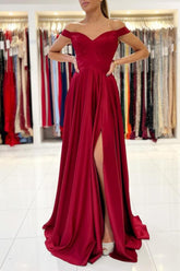 Gorgeous Burgundy Prom Dress Long With Split Off-the-Shoulder