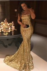 Gorgeous Gold Sequins Mermaid Evening Gowns Chic Strapless Prom Dresses