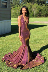 Halter Chic V-Neck Gorgeous Prom Dresses Fit and Flare Sleeveless Chic Evening Gowns