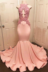 Halter Pink Lace Party Dresses Mermaid Formal Dresses