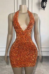 Halter Sleeveless Short Prom Dresses With Sequins in Dusty Orange
