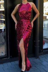High round neck Charming Sequins High Slit Burgundy Evening Gowns Formal Dresses