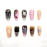 Gothic Press-On Nails with Metallic Chains,Heart,Butterfly Design Nails Custom Handmade Coffin Nails Chrome False Nails Elegant Acrylic Nail