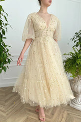 A-line V Neck Sea of Daisies Dress Engagement Ankle Length Half Sleeve High Neck Tulle with Buttons Pleats