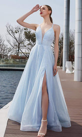 V Neck Glittered A-line Long Dress