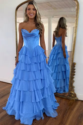 Blue A-Line Sweetheart Chiffon Ruffled Long Corset Prom Dress with Slit