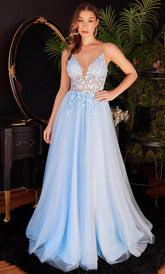 Plunging V-Neck Appliqued Classic Prom Gown