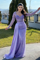 Lilac Mermaid Prom Dresses with Long Sleeves Sequins Beadings and Pearls