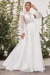 Long Sleeve Sheer A Line Wedding Gown